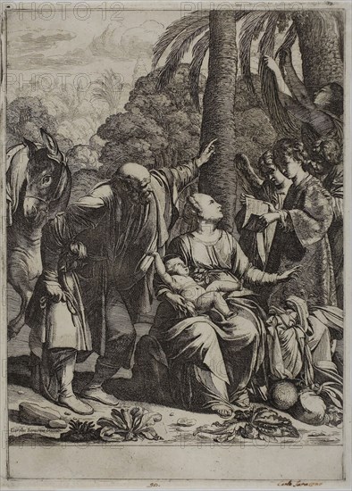 Rest on the Flight into Egypt, 1620/30, Jean Le Clerc (French, 1585/87-1633), after Carlo Saraceni (Italian, c.1579-1620), France, Etching on cream laid paper, 318 × 229 mm (plate), 324 × 237 mm (sheet)