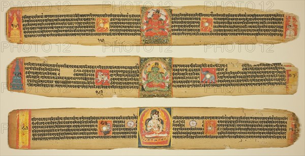 Three Leaves from a Copy of the  Perfection of Wisdom Sutra (Ashtasahasrika Prajnaparamitasutra), Pala period, late 12th century, Eastern India, Bangladesh, Opaque watercolor and ink on palm leaf, 6.4 × 43.8 cm (2 1/2 × 17 1/4 in.)