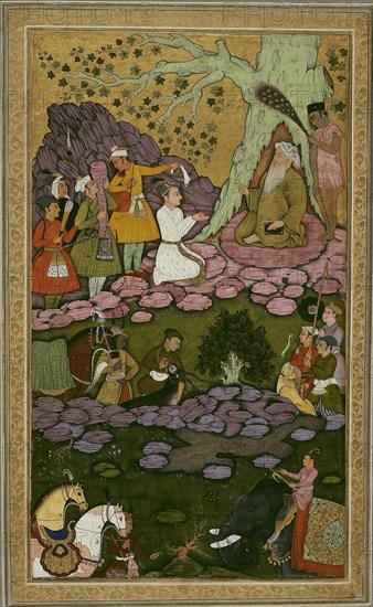 Prince Visiting an Ascetic during a Hunt, 1625/50, India, Kashmir, India, Opaque watercolor, gold, and ink on paper, Image: 26.5 x 15.2 cm (10 3/8 x 6 in.), Border: 29.3 x 18 cm (11 1/2 x 7 1/8 in.), Paper: 40.8 x 26.5 cm (16 1/16 x 10 3/8 in.)