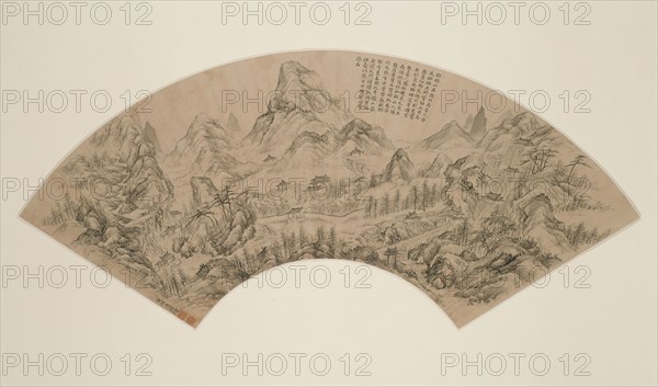 Mount Langya, Qing dynasty (1644–1911), 18th century, Dong Bangda, Chinese, 1699-1769, China, Folding fan mounted as an album leaf, ink on gold-flecked paper, 18.0 × 52.5 cm