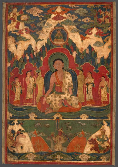Milarepa on Mount Kailash, c. 1500, Tibet, Tibet, Pigment and gold on cotton, 45.5 × 30 cm (17 7/8 × 11 13/16 in.)