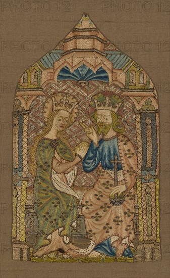 Fragment (From an Orphrey Band), 1400/50, England, Opus Anglicanum, England, Linen, plain weave, embroidered with silk and gilt-metal-silk-wrapped silk in split and stem stitches, laid work and couching., 31.2 × 18.6 cm (12 1/4 × 7 1/4 in.)