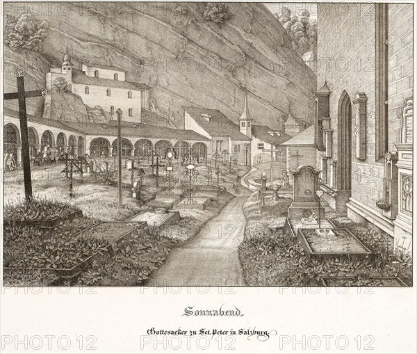 Saturday: Graveyard of St. Peter’s in Salzburg, 1823, Ferdinand Olivier, German, 1785-1841, Germany, Lithograph with tint-stone on white wove paper, 193 x 278 mm (image), 367 x 577 mm (sheet)