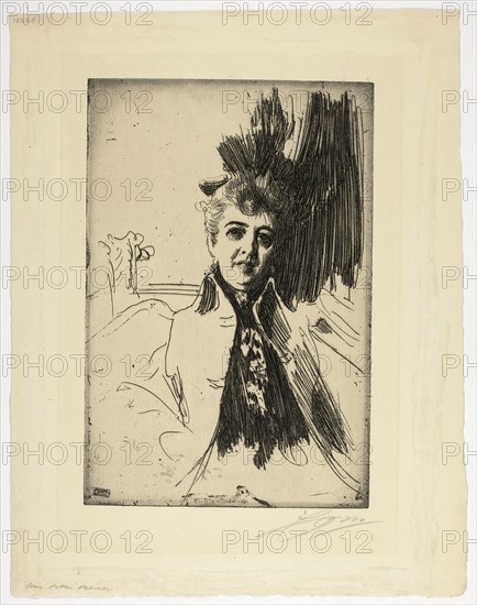 Mrs. Potter Palmer, 1896, Anders Zorn, Swedish, 1860-1920, Sweden, Etching in black on ivory laid paper, 239 x 160 mm (image/plate), 328 x 256 mm (sheet)