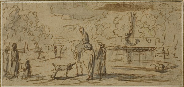 Figures Walking and on Horseback in a Park, n.d., French School, 18th century, France, Pen and brown ink and gray wash on tan laid paper, 80 × 172 mm