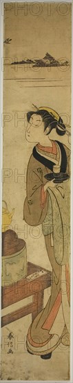 The Waitress Osen of the Kagiya teahouse Carrying a Cup of Tea, c. 1769/70, Suzuki Harunobu ?? ??, Japanese, 1725 (?)-1770, Japan, Color woodblock print, hashira-e