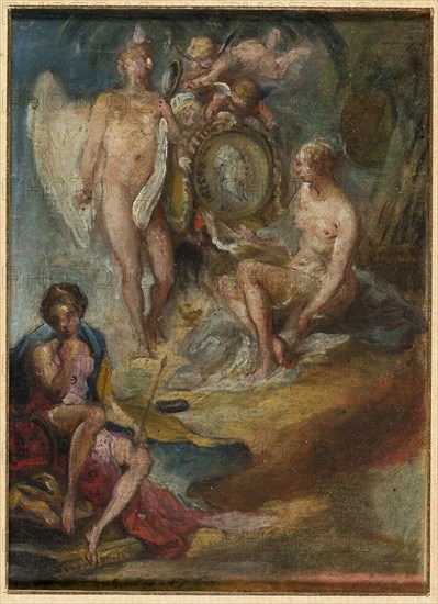 Allegory, 1770, Gabriel Jacques de Saint-Aubin, French, 1724-1780, France, Oil, with touches of black chalk, on tan laid paper, tipped on beige wove paper, 133 × 96 mm (ma×.), 158 × 125 mm (mount)