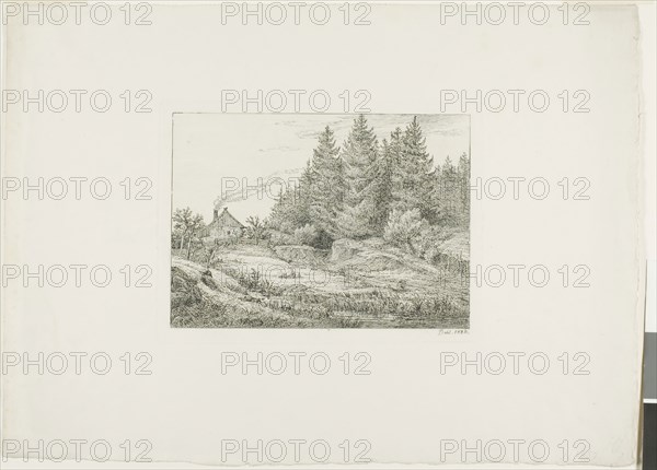 Farmhouse in an Evergreen Forest, 1828, Johan Christian Clausen Dahl, Norwegian, 1788-1857, Norway, Etching on ivory wove paper, 118 x 152 mm (plate), 282 x 305 mm (sheet)