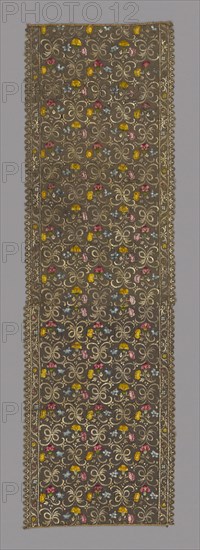 Panel, 1550/1600, Probably Italy, Italy, Silk, plain weave, double-faced needlework embroidered with silk and gilt-metal-strip-wrapped silk in satin stitches, couching, edged with gilt-metal-strip-wrapped silk, bobbin straight lace and with silk and gilt-metal-strip-wrapped silk, plaited braid, two panels joined, 49.4 x 164.2 cm (19 1/2 x 64 5/8 in.)