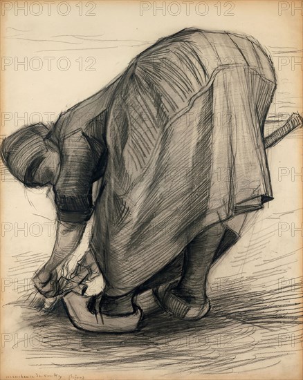 The Carrot Puller, 1885, Vincent van Gogh, Dutch, 1853-1890, Netherlands, Black chalk, with stumping and erasing, on cream wove paper, 525 x 422 mm