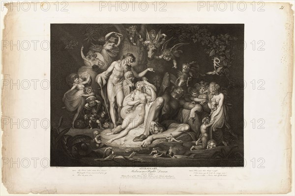 Titania’s Awakening, 1803, Thomas Ryder I (English, 1746-1810), after Henry Fuseli (Swiss, active in England, 1741-1825), published by John Boydell (English, 1719-1804), authored by William Shakespeare (English, 1564-1616), England, Engraving on ivory wove paper, 495 × 630 mm (plate), 597 × 880 mm (sheet)