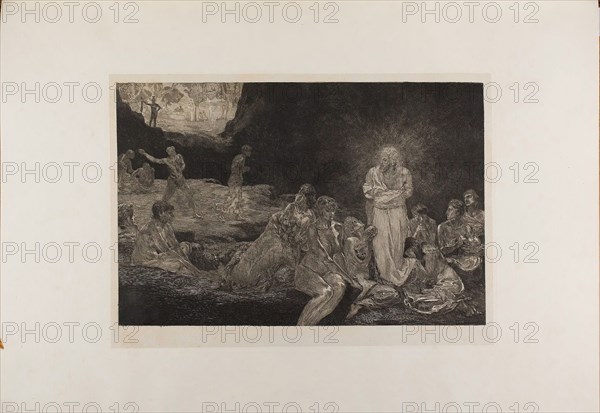 Christ and the Women Sinners, plate thirteen from A Life, 1884, Max Klinger (German, 1857-1920), printed by Otto Felsing (German, 19th century), Germany, Etching and aquatint on ivory China paper, laid down on cream laid paper, 322 x 483 mm (image), 372 x 513 mm (plate, approx.), 360 x 502 mm (primary support), 788 x 575 mm (secondary support, approx.)