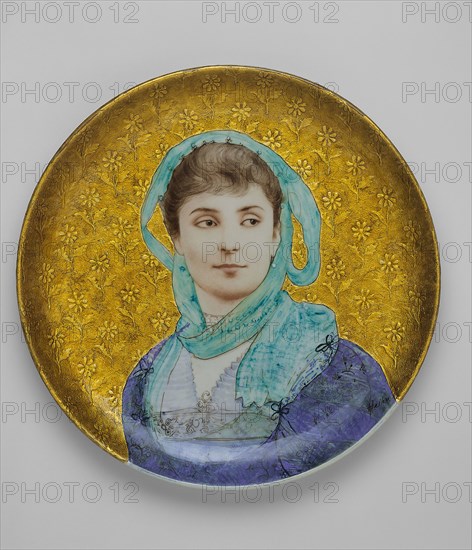 Circular Plaque, 1880/87, Made by Théodore Deck, French, 1823-1891, Painted by Paul-Cesar Helleu, French, 1859-1927, France, Tin-glazed earthenware, polychrome enamels, and gilding, Diam. 60.3 cm (23 3/4 in.)
