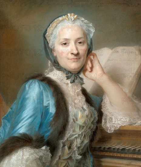 Portrait of Madame Anne-Jeanne Cassanéa de Mondonville, née Boucon (1708-1780), c. 1752, Maurice Quentin de Latour, French, 1704-1788, France, Pastel on blue-gray laid paper, laid down on canvas and wrapped around a strainer, enlarged by the artist with a band of paper about 3 cm high, 660 × 550 mm