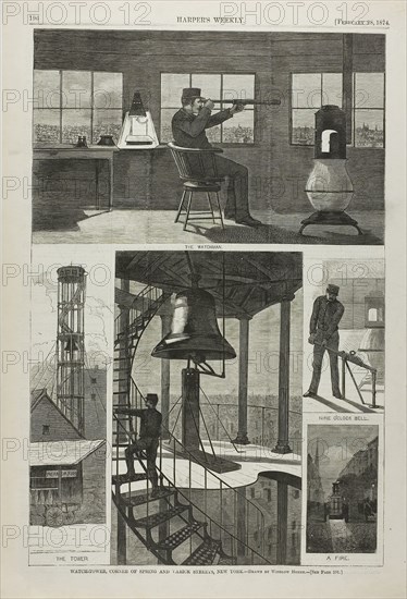 Watch-Tower, Corner of Spring and Varick Streets, New York, published February 28, 1874, Winslow Homer (American, 1836-1910), published by Harper’s Weekly (American, 1857-1916), United States, Wood engraving on paper, 350 x 233 mm (image), 393 x 269 mm (sheet)