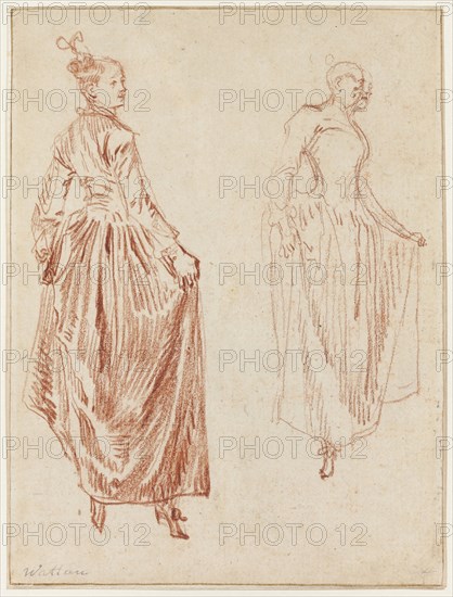Two Studies of a Dancer, Raising Her Skirt in Her Two Hands, 1712/13, Jean Antoine Watteau, French, 1684-1721, France, Red chalk on cream laid paper, 176 × 133 mm