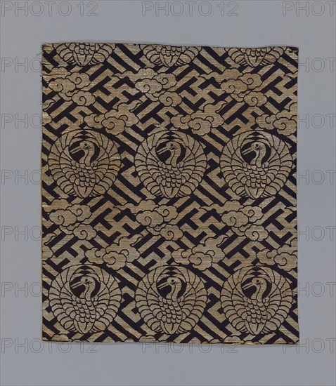 Uchishiki (Altar Cloth), late Edo period (1789–1868), 1801/25, Japan, Silk, cotton and gold-leaf-over-lacquered-paper strip, warp-float faced 3:1 'Z' twill weave with plain interlacings of secondary binding warps and supplementary patterning wefts, 67.9 x 57.7 cm (26 3/4 x 22 3/4 in.)