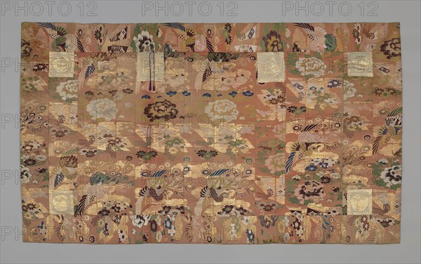 Kesa, late Edo period (1789–1868), 1801/50, Japan, Pieced and appliqued: silk and gold-leaf-over-lacquered-paper strip, warp-float faced 2:1 'Z' twill weave with weft-float faced 1:2 'S' twill interlacings of secondary binding warps and supplementary patterning wefts, lined with silk, plain weave, hand straps of silk, plain weave, cords: silk, plied, knotted, cut fringe, cotton 2:2 oblique twill interlacing, 200.5 x 115.6 cm (79 x 45 1/2 in.)