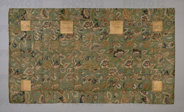 Kesa, late Edo period (1789–1868), 1850/63, Japan, Hiri, yô, and jô: silk and gold-leaf-over-lacquered-paper strip, twill weave with interlacings of secondary binding warps and supplementary patterning wefts, shiten and niten: silk and gold-leaf-over-lacquered-paper strip, twill weave with interlacings of secondary binding warps and supplementary patterning wefts, lining: silk, plain weave, 117.9 x 207.1 cm (46 3/8 x 81 1/2 in.)