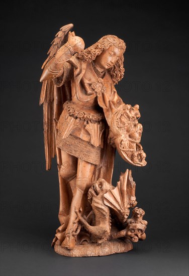 Saint Michael and the Devil, 1475/1500, Spanish, Seville, Poplar, formerly polychromed and gilded, 52.4 × 22.9 × 21.3 cm (20 5/8 × 9 × 8 3/4 in.)