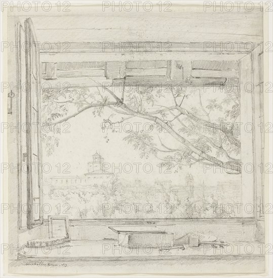 View of the Villa Medici and Sta Trinità dei Monti from Ingres’s Studio in the Pavillon San Gaetano, Rome, 1819, Achille-Etna Michallon, French, 1796-1822, France, Graphite on ivory laid paper, 286 × 275 mm