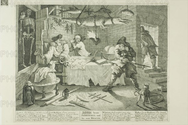 Hudibras and Sidrophel, plate eight from Hudibras, February 1725/26, William Hogarth, English, 1697-1764, England, Etching and engraving in black on cream paper edge, mounted on cream wove paper, 242 × 346 mm (image), 271 × 357 mm (plate), 273 × 355 mm (primary support), 361 × 475 mm (secondary support)