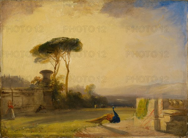 View on the Grounds of a Villa near Florence, 1826, Richard Parkes Bonington, British, 1802-1828, England, Oil on millboard mounted on canvas, 43.1 × 58.4 cm (17 × 23 in.)