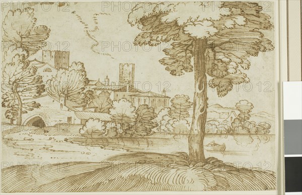 Landscape with a Large Tree on the Right and a Distant View of a Town on the Left, n.d., Giovanni Francesco Grimaldi, called Il Bolognese, Italian, 1606-1680, Italy, Pen and brown iron gall ink, over charcoal, on ivory laid paper, laid down on cream card, 218 x 315 mm