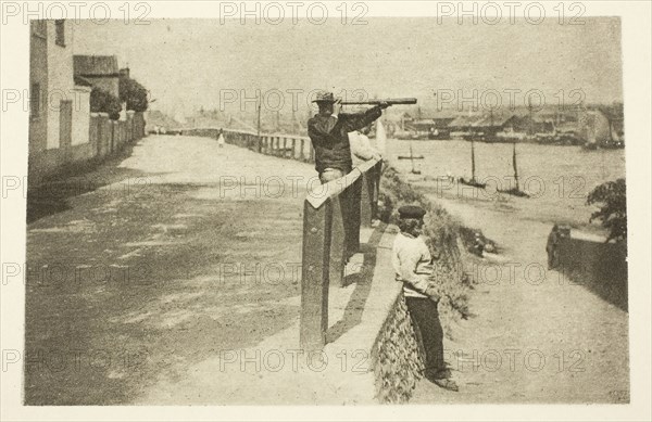 On the Look-Out, 1887, Peter Henry Emerson, English, born Cuba, 1856–1936, England, Photoetching, pl. VI from the album "Wild Life on a Tidal Water: The Adventures of a House-Boat and Her Crew" (1890), edition 270/500, 8.2 × 12.6 cm (image), 24.6 × 30 cm (paper)