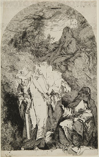 The Madonna with SS. Catherine, Rose from Lima, and Agnes from Montepulciano, 1763/64, Jean Honoré Fragonard (French, 1732-1806), after Giovanni Battista Tiepolo (Italian, 1696-1770), France, Etching on buff laid paper, 217 × 135 mm (image/sheet), cut within platemark