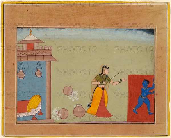 Yashoda Chastises Her Foster Son, the Youthful Krishna, page from a manuscript of the Bhagavata Purana, c. 1600, India, Rajasthan, Bikaner, India, Opaque watercolor on paper heightened with gold, Paper: 24.2 x 30.0 cm (9 1/2 x 11 13/16 in.), Image: 17.2 x 24.6 cm (6 3/4 x 9 11/16 in.)