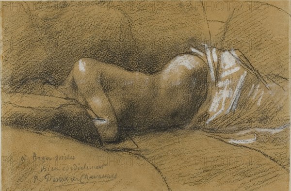Study of a Sleeping Woman, c. 1867, Pierre Puvis de Chavannes, French, 1824-1898, France, Black Conté crayon, heightened with white pastel, on tan wove paper, laid down on cream card, 150 × 230 mm