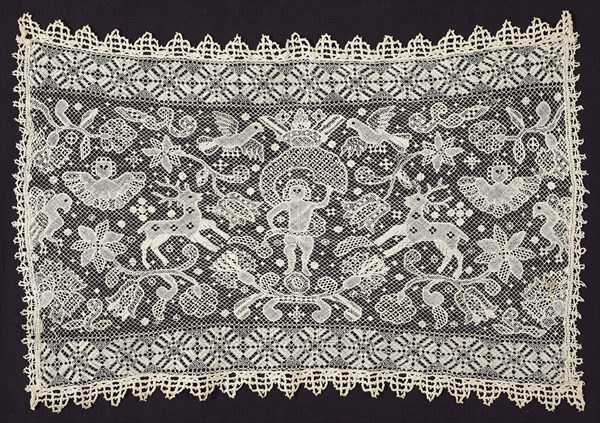 Panel, 17th century, Germany, Hamburg, Germany, Linen, knotted netting, embroidered with linen in cloth, interlocking lace, and buttonhole stitches and woven wheels (lacis construction), edged on all sides with attached bobbin lace, 40 x 57 cm (15 3/4 x 22 7/16 in.)