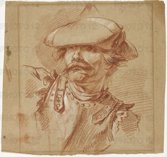 Head of a Soldier, n.d., Attributed to Charles Parrocel, French, 1688-1752, France, Red chalk heightened with white chalk on tan laid paper, 295 × 265 mm