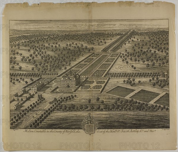 Melton Constable in the County of Norfolk, plate 51 from Britannia Illustrata, published 1707, Jan Kip (Dutch, c. 1653-1722), after Leonard Knyff (Dutch, 1650-1721), published by David Mortier (French, 1673-1728), Netherlands, Etching and engraving in black on cream laid paper, 325 x 474 mm (image), 354 x 487 mm (plate), 443 x 516 mm (sheet)