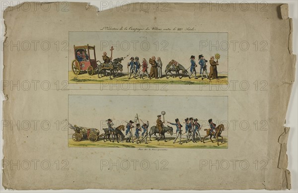 Plates One and Two, from L’Ouverture de la Campagne des Ultras contre la XIXe siecle, n.d., Unknown Artist, French, 19th century, France, Two etchings, with watercolor, on cream wove paper, 67 × 205 mm (both images), 179 × 256 mm (plate), 240 × 378 mm (sheet)
