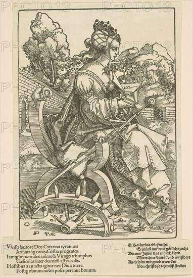 Saint Catherine, 1505/07, Hans Baldung Grien, German, c. 1480-1545, Germany, Woodcut in black with letterpress on ivory laid paper, 232 × 158 mm (image/block), 273 × 190 mm (sheet)