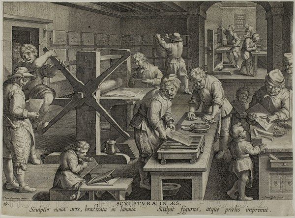 The Invention of Copper Engraving, c. 1591, Theodor Galle (Flemish, 1571-1633), after Joannes Stradanus (Flemish, 1523-1605), Flanders, Engraving in black on ivory laid paper, 202 × 273 mm (image/sheet, trimmed within plate mark)