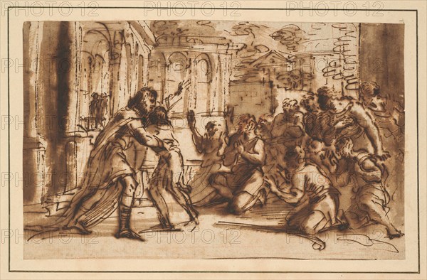 Joseph Greeting his Brothers, c. 1656, Pier Francesco Mola, Italian, 1612-1666, Italy, Pen and brown ink, with brush and brown wash, over red chalk, on buff laid paper, laid down on cream wove card, 141 x 225 mm