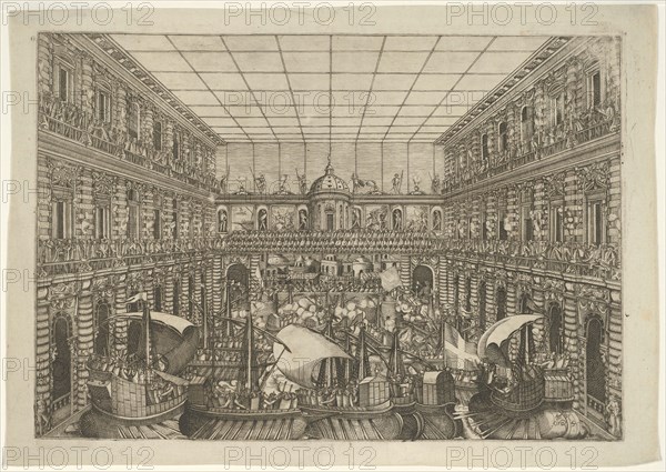 Naumachia in the Courtyard of Palazzo Pitti, 1592, Orazio Scarabelli, Italian, active c. 1580-1600, Italy, Etching in black on cream laid paper, 244 x 356 mm (image/plate), 277 x 393 mm (sheet)