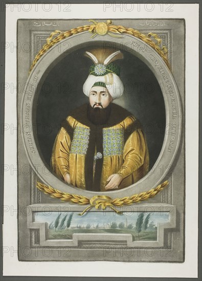 Othman Kahn III, from Portraits of the Emperors of Turkey, 1815, John Young, English, 1755-1825, England, Mezzotint, hand-colored with brush and watercolor, on ivory wove paper, 375 × 253 mm