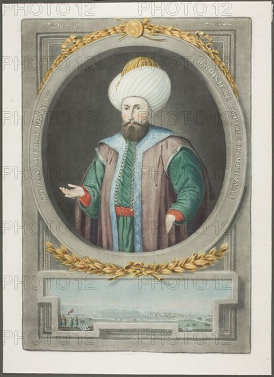 Amurat Kahn I, from Portraits of the Emperors of Turkey, 1815, John Young, English, 1755-1825, England, Mezzotint, hand-colored with brush and watercolor, on ivory wove paper, 375 × 253 mm