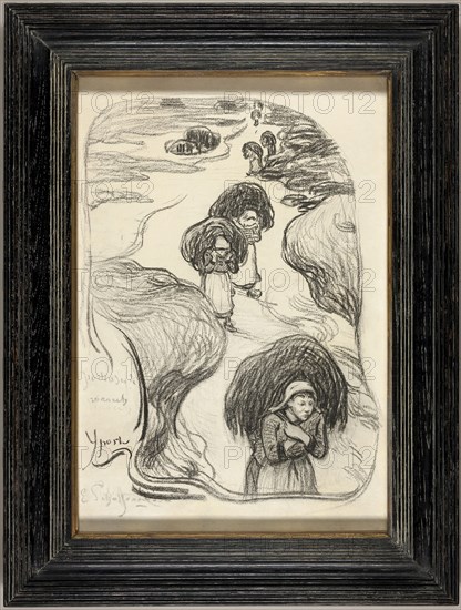 Seaweed Gatherers, Yport, 1889, Émile Schuffenecker, French, 1851-1934, France, Charcoal with touches of stumping on cream laid paper, laid down on ivory wove paper, 475 × 311 mm