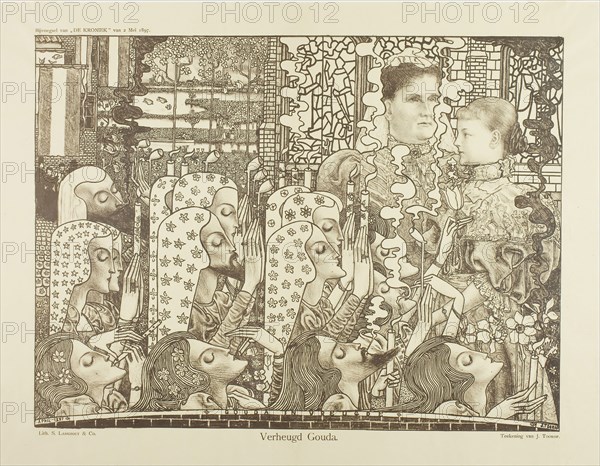 Happy Gouda, drawn April 1897 and published May 2, 1897, Jan Toorop (Dutch, 1858-1928), printed by S. Lankhout and Company, Netherlands, Lithograph in brown on cream wove paper, 292 x 386 mm (image), 344 x 347 mm (sheet)