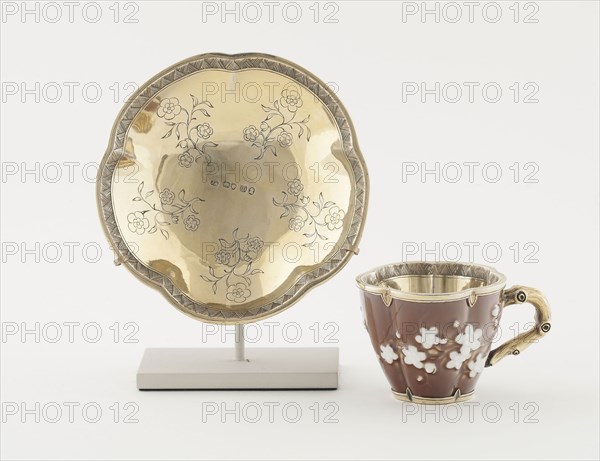 Cup and Saucer, Porcelain: c. 1780, Silver-gilt mounts:, Porcelain: Sèvres Porcelain Manufactory (Founded 1740), Mounts: James Aldridge (English, 1768-?), Adapted under the direction of William Beckford (English, 1760-1844), Porcelain: Sèvres, France, Mounts: England, Porcelain with silver-gilt, Cup: 5.1 × 6.4 × 5.1 cm (2 × 2 1/2 × 2 in.), Saucer: D. 2.5 cm ( 1 in.), diam. 11.4 cm (4 1/2 in.)