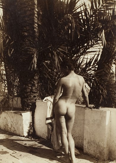 Male Nude, 1890, Wilhelm von Gloeden, German, 1856–1931, Germany, Albumen print, 18 × 13 cm (image), 36 × 26 cm (mount)