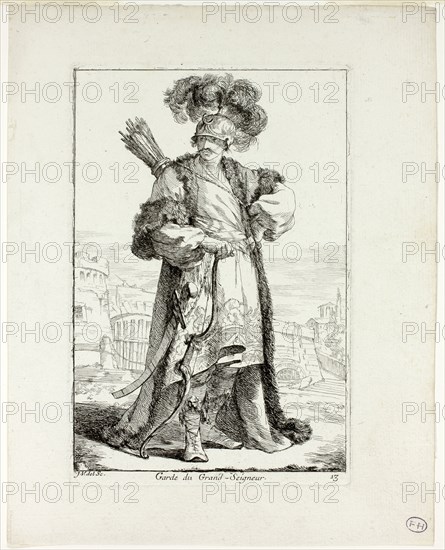 Garde du Grand Seigneur, plate thirteen from Caravanne du Sultan à la Mecque, 1748, Joseph Marie Vien, French, 1716-1809, France, Etching on ivory laid paper, 194 × 132 mm (image), 203 × 135 mm (plate), 261 × 207 mm (sheet)