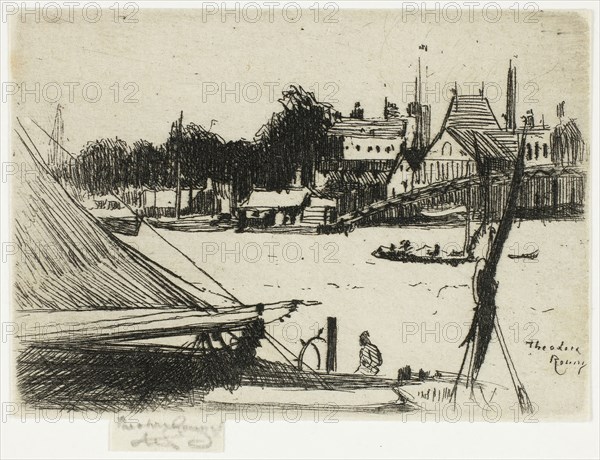 Battersea from Chelsea, 1888–89, Theodore Roussel, French, worked in England, 1847-1926, England, Etching in black on ivory laid paper, 55 × 88 mm (image), 64 × 89 mm (plate), 70 × 89 mm (sheet)