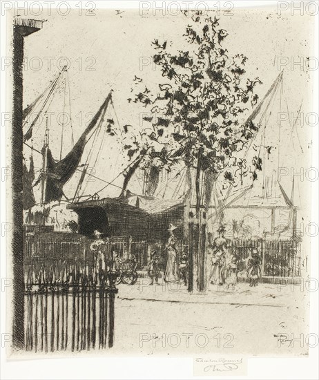 The Corner of Luna Street, Chelsea Embankment, 1888–89, Theodore Roussel, French, worked in England, 1847-1926, England, Etching in black on ivory wove paper, 164 × 144 mm (image/plate), 171 × 142 mm (sheet)