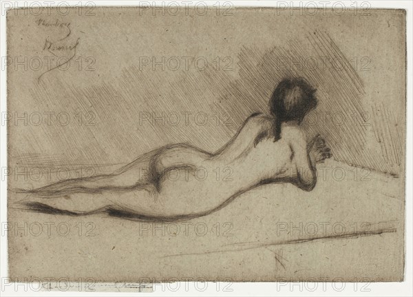 Study from the Nude of a Girl Lying Down, 1890, Theodore Roussel, French, worked in England, 1847-1926, England, Drypoint in black on ivory laid paper, 55 × 97 mm (image), 68 × 97 mm (plate), 69 × 97 mm (sheet)